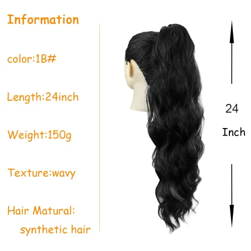 Miniatura 2 de KETHBE Extensión de pelo para cola de caballo de 24 pulgadas con onda corporal, sintética, resistente al calor, con cordón envolvente, rizada