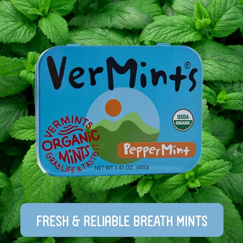 Miniatura 3 de Mentas orgánicas de VerMints, sabor a menta, todo natural, sin OMG, sin nueces, sin gluten, vegano, KSA Kosher, paquete de 6, latas de 1.41 onzas