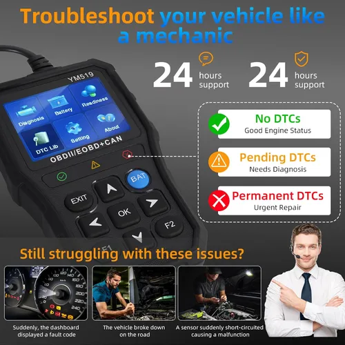 Miniatura 5 de YM519 OBD2 - Lector de código de escáner, herramienta de diagnóstico del motor con reinicio de luz del motor, datos en tiempo real, preparación