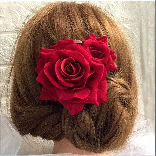 Miniatura 3 de Peines de pelo de flores, flor de rosa, bohemia, horquilla, disfraz de novia, decoración de pelo para fiesta, boda, rojo (1 unidad)