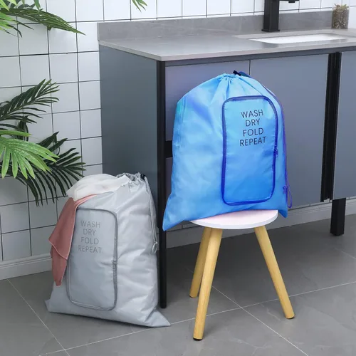 Miniatura 6 de 2 piezas de bolsa de lavandería de viaje, lavable, para ropa sucia, con cordón y cremallera para maleta, 22 x 18 pulgadas (negro, azul, clásico)