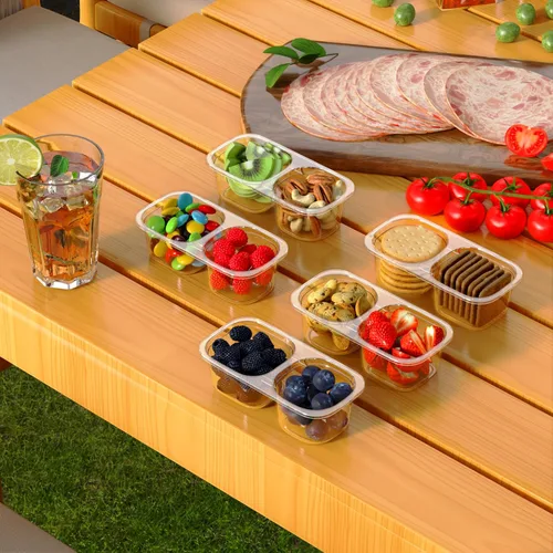 Miniatura 9 de Paquete de 10 recipientes reutilizables para aperitivos con tapas, 2 compartimentos, caja pequeña de aperitivos Bento, sin BPA, accesorios