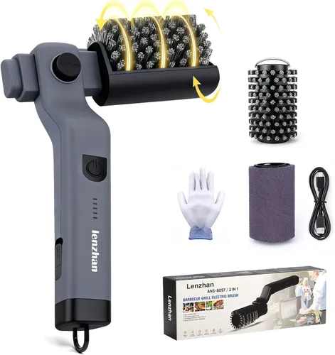 Cepillo eléctrico inalámbrico para parrilla con ángulo ajustable, motor de 3 velocidades y cabezal de acero inoxidable - Recargable, tiempo de Gris