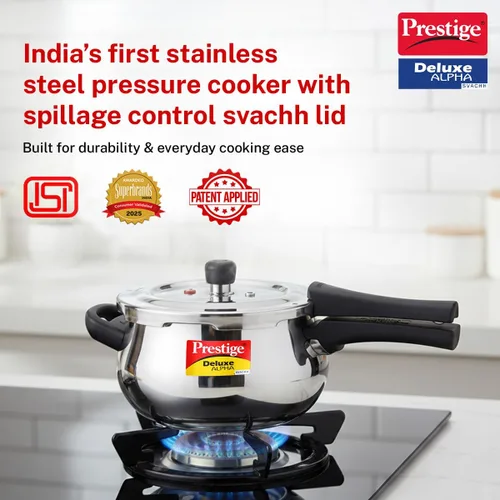 Miniatura 2 de Prestige Deluxe Alpha Svachh - Olla a presión de acero inoxidable con base Alpha y tapa profunda para control de derrames, (4.0 L Junior Handi)