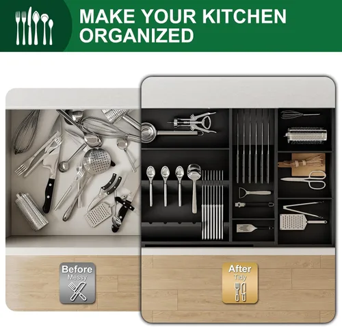 Miniatura 6 de Organizador de cajones de cubiertos de bambú, organizador de cajones de cocina grande expandible de 17.7-29.5 pulgadas, cubiertos de 5 a 8 ranuras