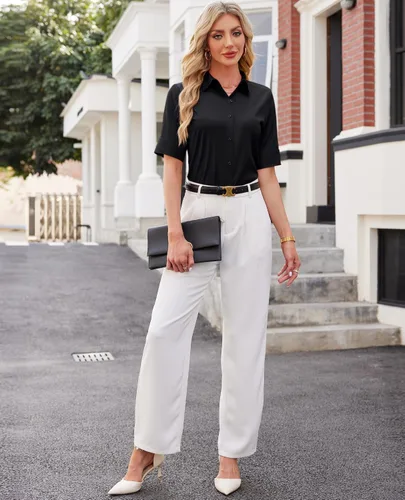 Miniatura 5 de Camisas con botones para mujer, ajustadas, de manga corta, con cuello, sin arrugas