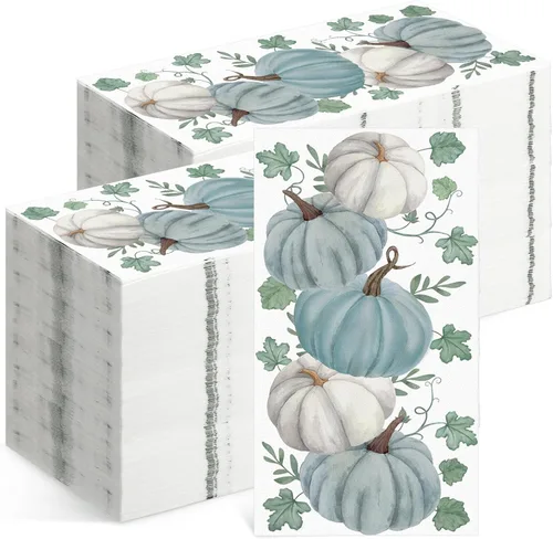 Geyoga 200 servilletas decorativas de papel desechables para invitados de otoño, Día de Acción de Gracias, calabazas azules y blancas, servilletas