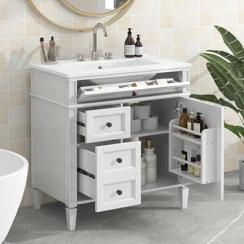 Miniatura 19 de Virubi Tocador de baño de 30 pulgadas con fregadero de cerámica, armario de almacenamiento independiente moderno con 1 puerta, 2 cajones y cajón Azul