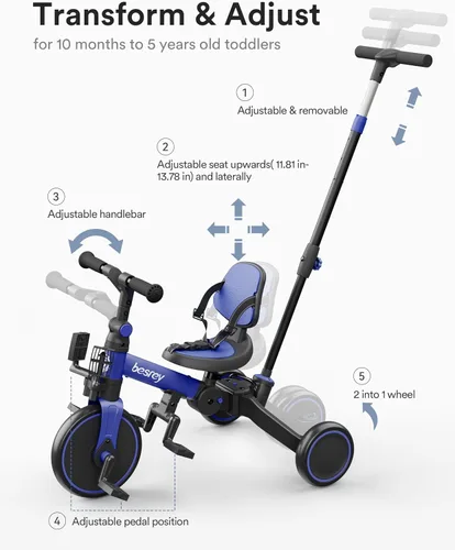 Miniatura 4 de besrey Bicicleta 5 en 1 para niños pequeños con mango de dirección para padres para niñas y niños de 1 a 3 años, triciclo plegable para niños, Azul