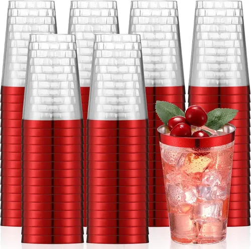 Patelai 100 piezas de vasos de plástico rojos de 12 oz, vasos de plástico con borde rojo resistentes, vasos desechables para vino, vasos