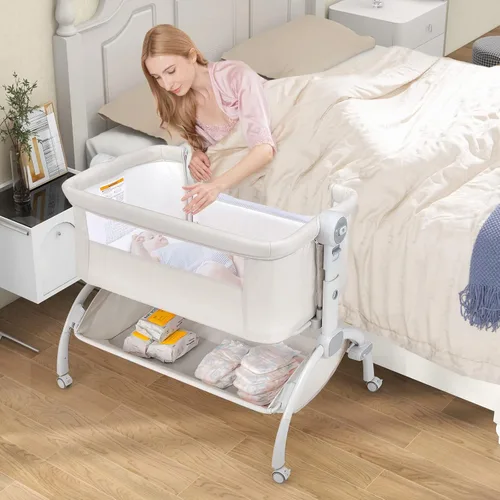 Miniatura 2 de BABY JOY Cuna de bebé, Cuna mecedora 3 en 1 con cesta de almacenamiento, diseño de doble bloqueo, 7 alturas ajustables, colchón suave y bolsa