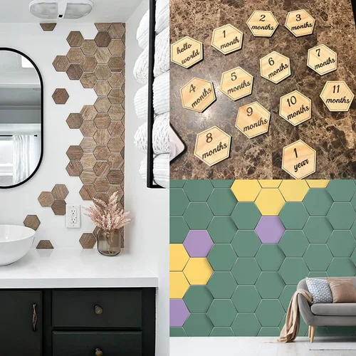Miniatura 6 de 100 piezas de madera hexagonal sin terminar, recortes de madera en blanco con forma de hexágono, losas de madera natural, recortes