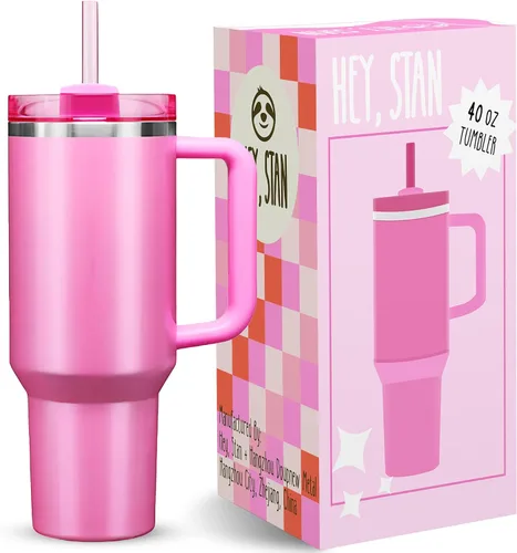 Hey, Stan Vaso de 40 onzas con asa y popote | Botella de agua reutilizable de acero inoxidable con aislamiento térmico | Taza de viaje apta para