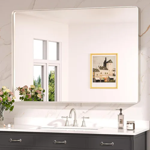Miniatura 61 de Keonjinn Espejos de baño negros para sobre el fregadero, espejos cuadrados grandes de 36 x 36 pulgadas para pared, espejo rectangular redondeado