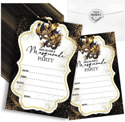 Miniatura 9 de Invitaciones para fiesta de máscaras, invitaciones de fiesta de Mardi Gras, 15 tarjetas y sobres, diseño floral moderno, unisex, adultos, ocasión