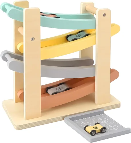 Joyreal Montessori - Juguetes para niños de 1 a 2 años – 4 niveles de madera de juguete de carreras de coches con 4 mini autos y garajes – Regalos