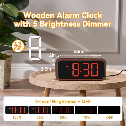 Miniatura 4 de Alarm Clock Loud for Deep Sleepers, Wooden Alarm Clock with LED Display, 12 Alarm Ringtones, 5 Brightness Adjustable, 5 Volumes, Manual DST, Brown