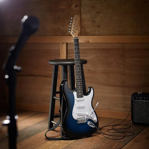 Miniatura 7 de Ashthorpe - Guitarra eléctrica de 39 pulgadas (azul y blanco), kit de guitarra de tamaño completo con bolsa acolchada, barra de trémolo, correa