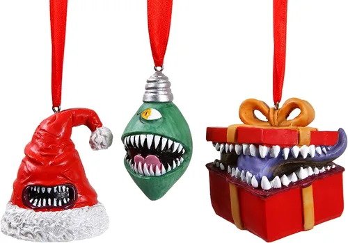 Forged Dice Co. Monstrous Merrymakers - Juego de 3 adornos de resina y pintados a mano con sombrero de Papá Noel, bombilla de árbol de Navidad y