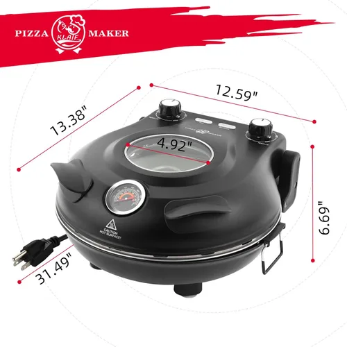 Miniatura 3 de KLAIF Horno eléctrico de pizza de 12 pulgadas para encimera con piedra de cerámica, controles de temperatura ajustables duales, incluye 4 Negro