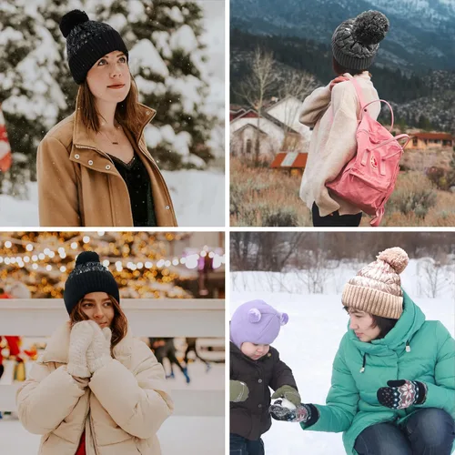 Miniatura 7 de Muryobao Gorro de invierno para mujer con forro polar brillante metálico con puños con diseño de calavera
