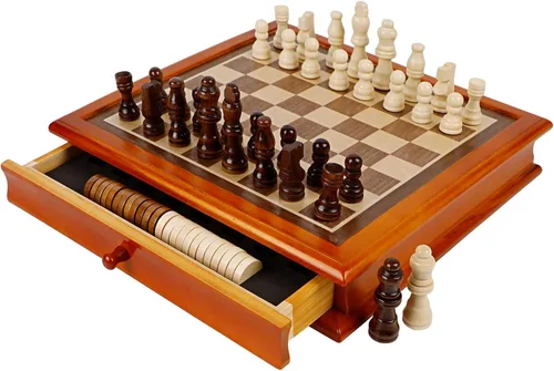 Juegoal Juego de ajedrez y damas de madera de 12 pulgadas con cajón de almacenamiento, juegos de mesa portátiles para niños y adultos