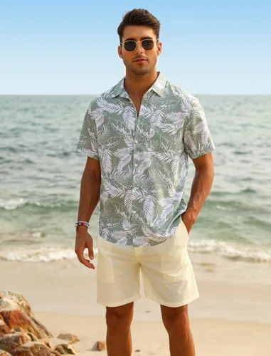 Miniatura 3 de EISHOPEER Conjunto de camisa hawaiana para hombre, camisa de manga corta con botones y pantalones cortos de playa sólidos de secado rápido, tallas