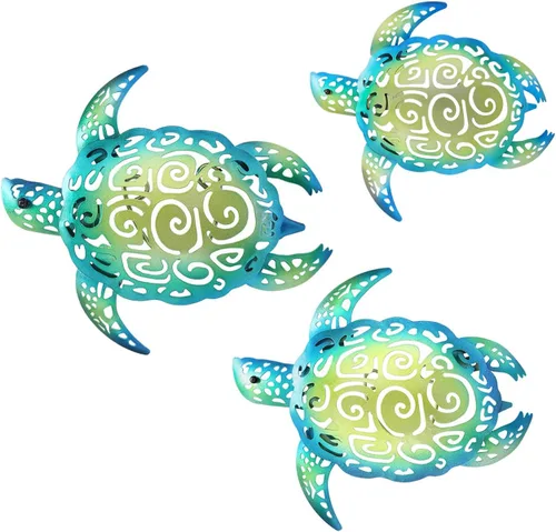 YOUIN Juego de 3 decoraciones de pared de metal con temática de tortuga marina y playa, decoración de pared para interiores y exteriores, baño y