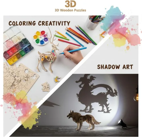 Miniatura 5 de Rompecabezas de animales de madera 3D, kit de manualidades de montaje para adultos, adorno hecho a mano pintable, decoración creativa para el hogar