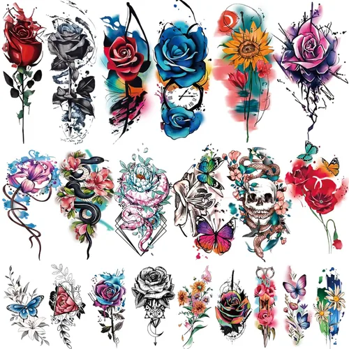 Miniatura 11 de 77 hojas de tatuajes temporales para hombres y mujeres, 17 hojas de tatuajes falsos de medio brazo, pecho y hombro, 60 hojas de tatuajes negros