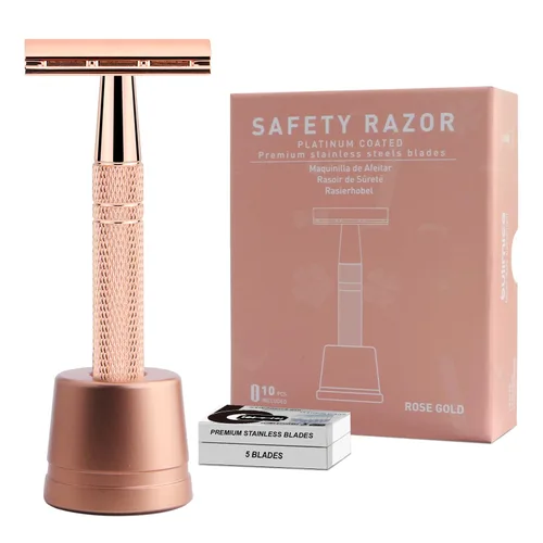 Miniatura 11 de Maquinilla de afeitar de seguridad de doble filo de oro rosa para mujer, maquinilla de afeitar de una sola hoja con 10 cuchillas recubiertas