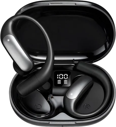 Wentronic Auriculares inalámbricos Bluetooth 5.4 con pantalla digital, gancho seguro, tiempo de reproducción de 48 horas, sonido mejorado, llamadas