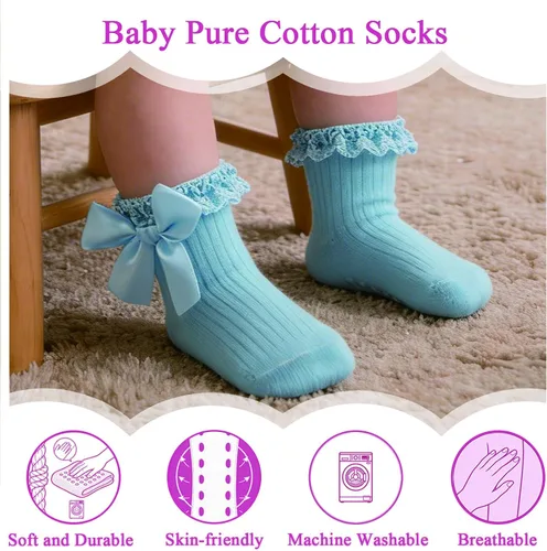Miniatura 3 de Calcetines para bebé niña con agarre antideslizante con volantes con lazos, algodón suave, calcetines con empuñaduras para bebé recién nacido
