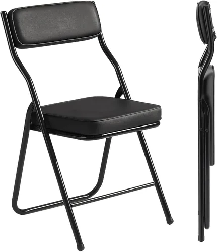 Paquete de 2 sillas plegables acolchadas negras con cojín y respaldo de piel sintética, silla de comedor plegable tapizada con marco de metal para