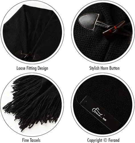 Miniatura 4 de Ferand Poncho de ajuste holgado para mujer con botones de cuerno elegantes, cuello en V y dobladillo en V