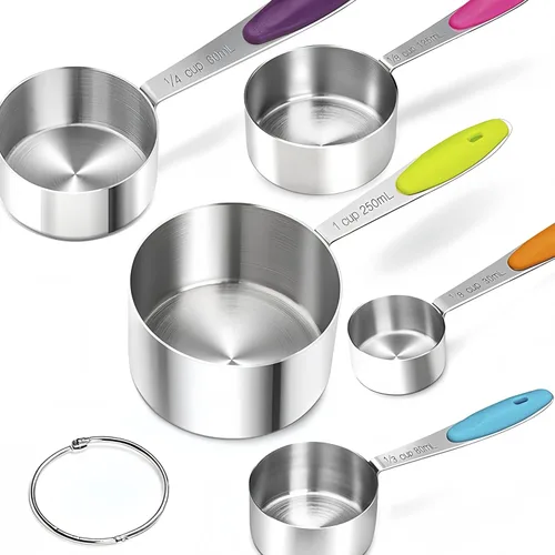 Miniatura 5 de Juego de 10 tazas y cucharas medidoras, taza medidora de metal apilable para medir ingredientes secos y líquidos, alimentos secos de cocina usados