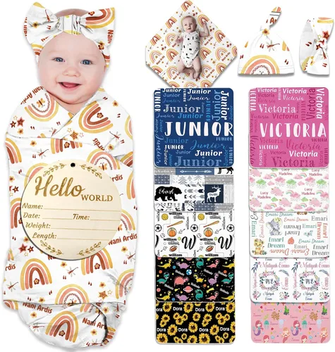 Miniatura 21 de Manta de bebé personalizada para niña y niño, manta de recepción con nombre personalizado con diadema de lazo y sombrero, regalos personalizados