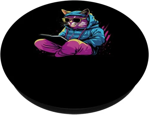 Miniatura 2 de Cat Books Kitten - Pet Owner Feline Synthwave Cat PopSockets Standard PopGrip