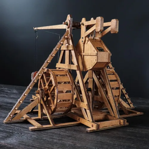 Miniatura 3 de Mini contrapeso Trebuchet con ruedas Europa Medieval Siege Carro Catapulta Armas DIY 3D Rompecabezas de madera Kits de modelos mecánicos Proyectos