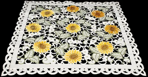 Miniatura 2 de Mantel bordado de girasol y margarita blanca en marfil de tejido abierto, mantel pequeño (cuadrado de 33 pulgadas)