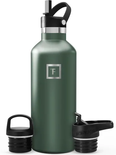 Miniatura 40 de IRON °FLASK Botellas de agua de campamento/senderismo, 3 tapas (estrecha con popote), sin fugas, aisladas al vacío, acero inoxidable de doble pared