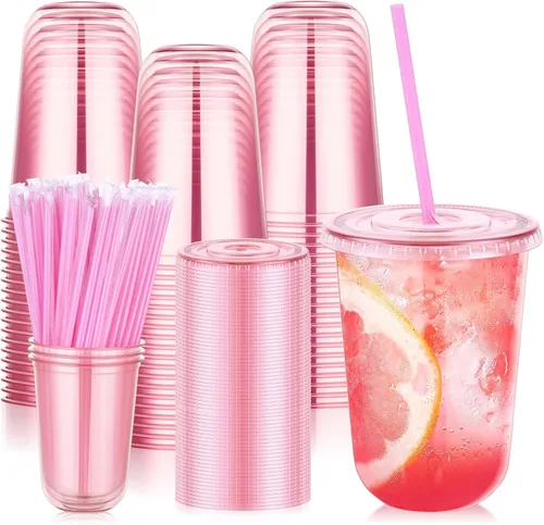 Miniatura 13 de KesaPlan Paquete de 50 tazas de plástico negro de 16 onzas con tapas y pajitas, taza de café helado desechable con tapas, tazas de fondo redondo