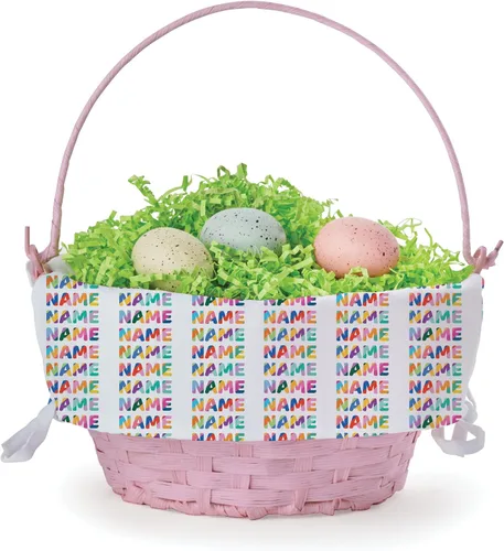 Miniatura 3 de Patrón colorido con nombre para ella, cesta de huevo de Pascua personalizada con asa y nombre personalizado Forros de cesta de Pascua blancos
