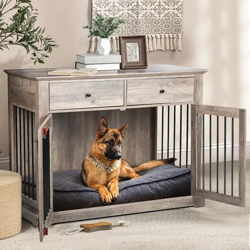 Miniatura 11 de LEMBERI Mueble de jaula para perros grande de 44 pulgadas, mesa auxiliar de madera para perros con cajones de almacenamiento, jaula decorativa