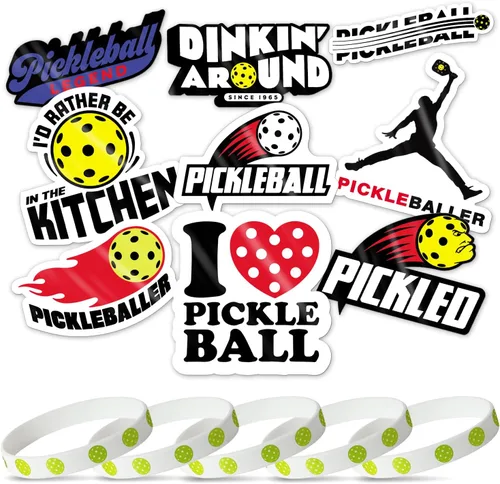 Miniatura 10 de Juego de calcomanías de pickleball – 9 divertidas calcomanías de vinilo + 10 pulseras de primer servidor – Accesorios de pickleball y regalos