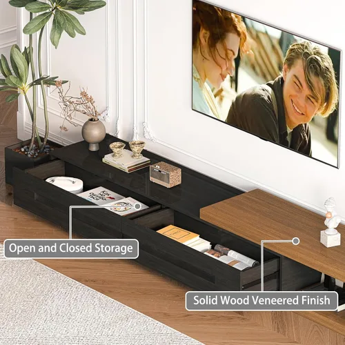 Miniatura 5 de Soporte de TV extensible de 80 a 115 pulgadas para TV de 120 pulgadas, centro de entretenimiento moderno de madera de nogal, mesa consola Negro