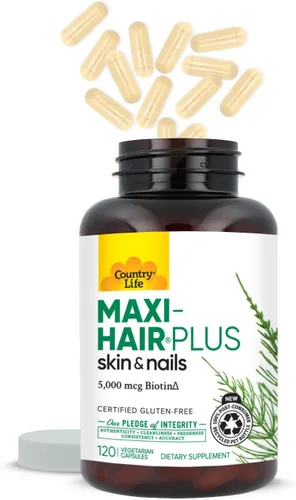 Miniatura 5 de Country Life, Maxi-Hair Plus Biotina, apoya la salud del cabello, la piel y las uñas, suplemento diario, 120