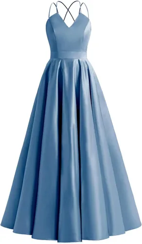 Molisa Vestidos de fiesta de satén con cuello en V para mujer, con tirantes delgados, vestidos formales de fiesta de noche con bolsillos