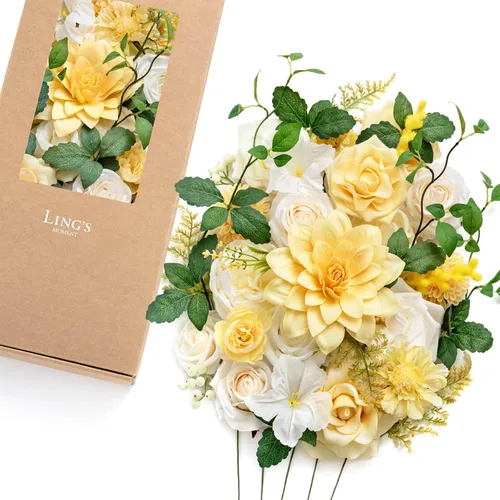 Miniatura 39 de Ling's moment Caja de Flores Falsas, Tallos de Vegetación Artificial Falsa Rosas de Espuma Dalias de Seda Hojas de Rosa Flor de Tela para Centros
