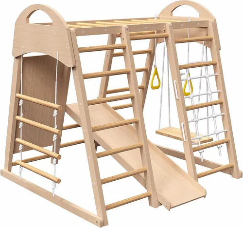 Miniatura 6 de Juego de gimnasio 7 en 1 para interiores, escalador Montessori con tobogán, pared de escalada, escalador de pared de cuerda, barras de mono